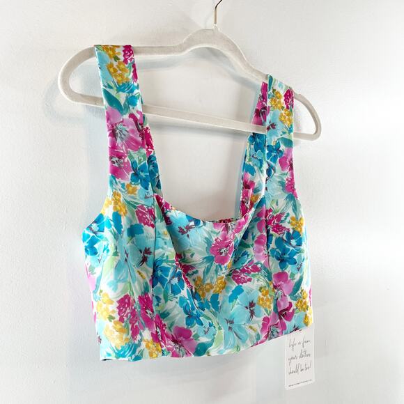 Show Me Your Mumu Square Neck Floral Crop Tank Top Blue Pink Large - Picture 5 of 5